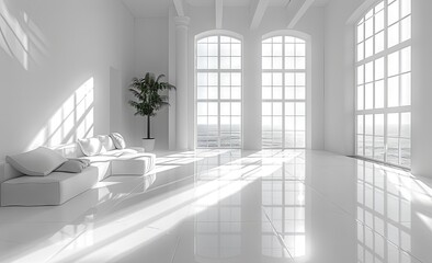 an empty room with windows and light, in the style of minimalist purity, white. Generative AI.