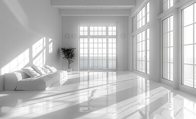 an empty room with windows and light, in the style of minimalist purity, white. Generative AI.