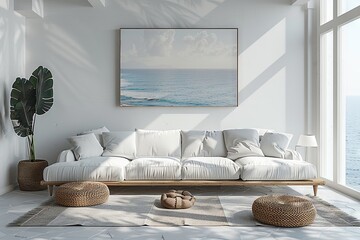 clean white living room interior, in the style of vray tracing, minimalist brush work. Generative AI
