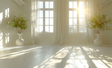 empty room with white windows 3d render, bright, hazy. Generative AI.