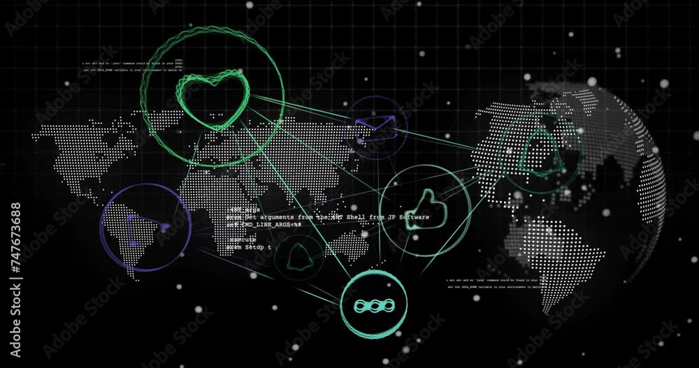 Poster animation of social media icons and data processing over globe and world map on dark background