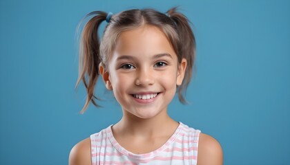Portrait of a cute little girl. smiling. indoor. clean background. Blue background