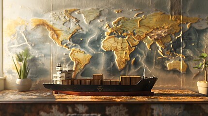 Handelsschiff, Containerschiff auf einer großen Weltkarte, Konzept globalisierter Handel
