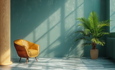 fabric couch, stool and small plant in green room with concrete walls background, in the style of light orange and dark gray. Generative AI.