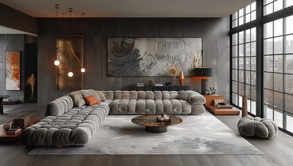 modern living room with a modern sofa, framed windows, and a modern chandelier 3 d rendering, in the style of dark gray and dark black, concrete brutalism. Generative AI