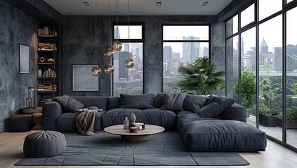 modern living room with a modern sofa, framed windows, and a modern chandelier 3 d rendering, in the style of dark gray and dark black, concrete brutalism. Generative AI - obrazy, fototapety, plakaty