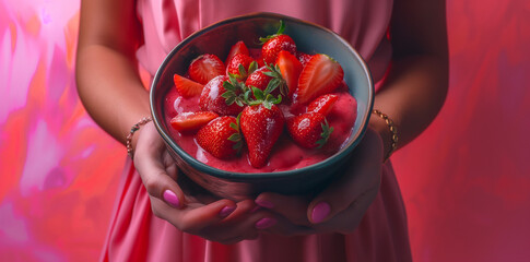 Frau hält Schüssel mit Joghurt und frischen Erdbeeren, Konzept gesunde Ernährung mit Früchten - obrazy, fototapety, plakaty