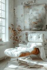 modern living room with white walls and a white leather chair, in the style of photo-realistic still life. Generative AI