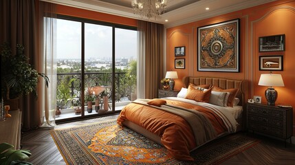 the bedroom features an orange wall with wooden floors, a bed and modern lamps. Generative AI