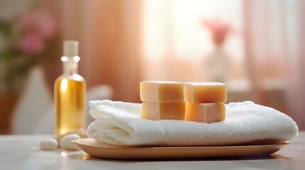 Spa Essentials for Serene Relaxation.
A tranquil spa setting with handmade soaps, fluffy towels, and oil, perfect for wellness, relaxation, and bathroom decor imagery.