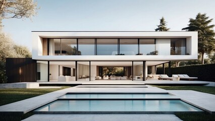 Modern villa with a minimalist exterior, incorporating clean lines and large glass panels