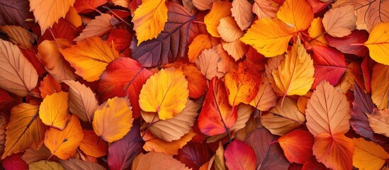 Fototapeta premium A collection of vibrant autumn leaves scattered on the ground, creating a beautiful carpet of fall foliage.