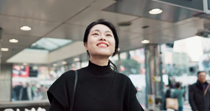 Japanese woman, happy and smartphone in city for connection and technology or wellness by outdoor. Young person, smile and cellphone in tokyo for social media, communication and online in urban town