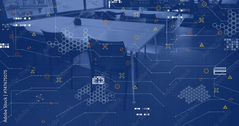 Aufkleber animation of financial data processing over empty office