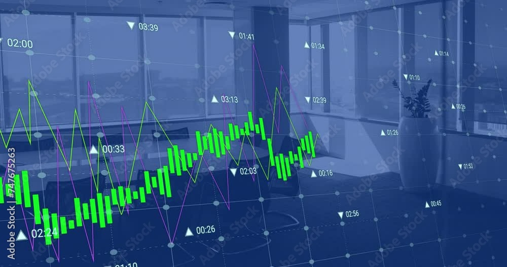 Poster animation of financial data processing over empty office