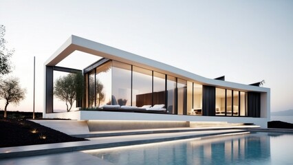 Modern villa with a minimalist exterior, incorporating clean lines and large glass panels