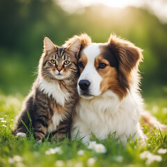 A dog and a cat are laying together in the grass.