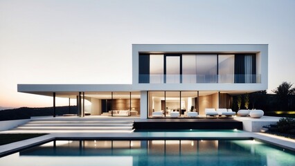 Modern villa with a minimalist exterior, incorporating clean lines and large glass panels