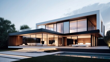 Obraz premium Modern villa with a minimalist exterior, incorporating clean lines and large glass panels