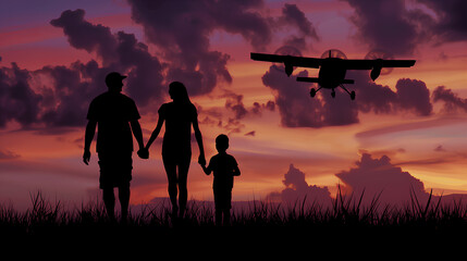 Fototapeta na wymiar Silhouetted family holding hands at the airport, with a landing airplane against a vibrant sunset sky. 