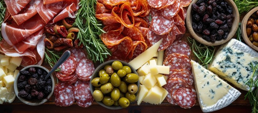 A classic party favorite showcasing a variety of cured deli meats, cheeses, olives, and dried fruits arranged on a platter.