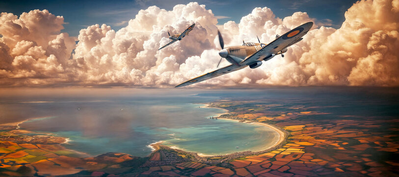 Pair of  WW2 Royal Air force (RAF) WW2 Supermarine Spitfire aircraft flying above English coastline and farms during Battle of Britain in Summer 1940.
