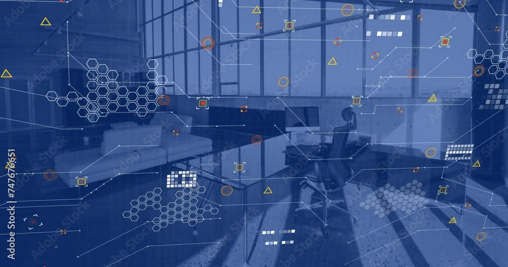 Poster animation of financial data processing over empty office