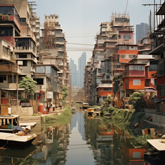 Slum an einem Fluss mit reicher Skyline im Hintergrund, einfache Häuser in Asien, Asiatische Bauweise - obrazy, fototapety, plakaty