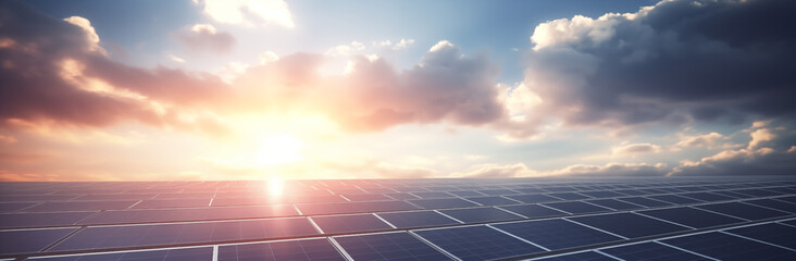 Solarenergie, Solarpanele reflektieren die Sonne, Sonne und weiße Wolken über der Solaranlage, Konzept Energiewende