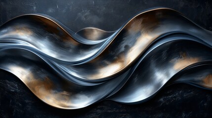 Abstract silver black acrylic painted fluted 3d painting texture luxury background banner on canvas - Silver waves swirls. Decor concept. Wallpaper concept. Art concept. 3d concept. - obrazy, fototapety, plakaty