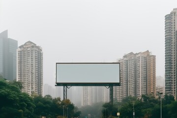 Obraz premium Empty billboard with copy space. Mock up of blank white street poster in square or park. Outdoor info banner. Environment and green concept. Mockup for design, advertisement, product, promotion, text