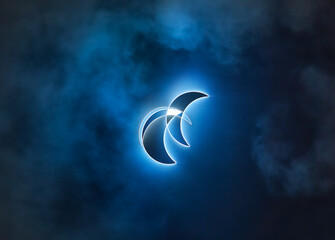 An abstract adaptation of a partial solar eclipse with light clouds in the mid-day sky