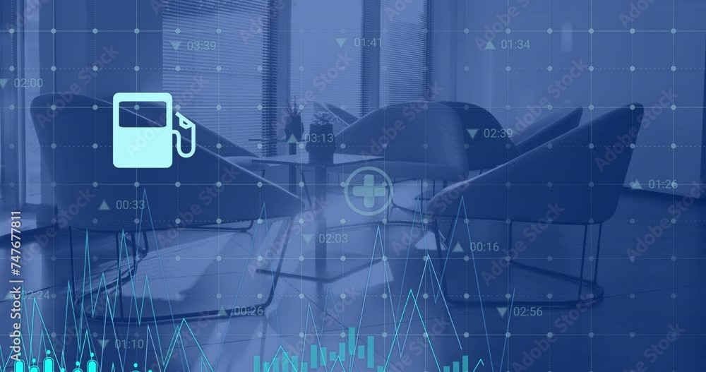 Poster animation of financial data processing over chairs in empty office