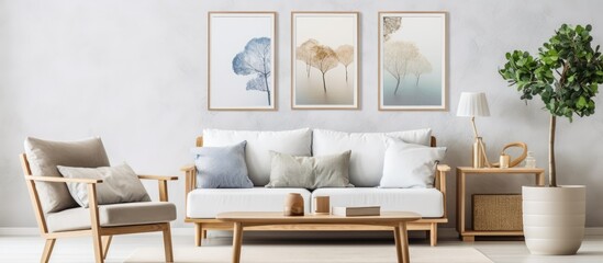 This living room is filled with various furniture, including a sofa, coffee table, armchair, and a potted plant. The room appears cozy and well-lit, with a window letting in natural light.