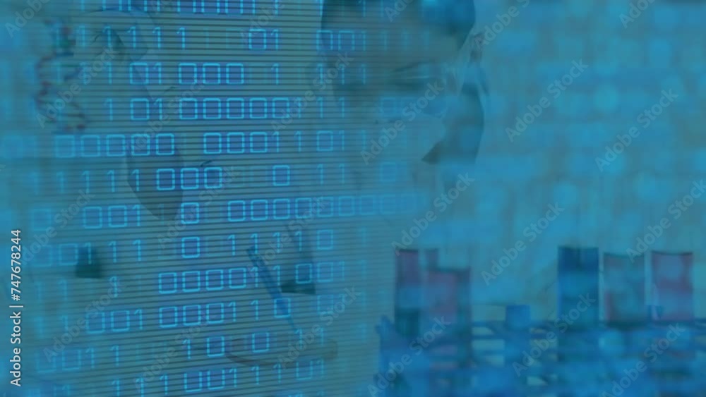 Poster animation of binary coding data processing over male scientist in laboratory