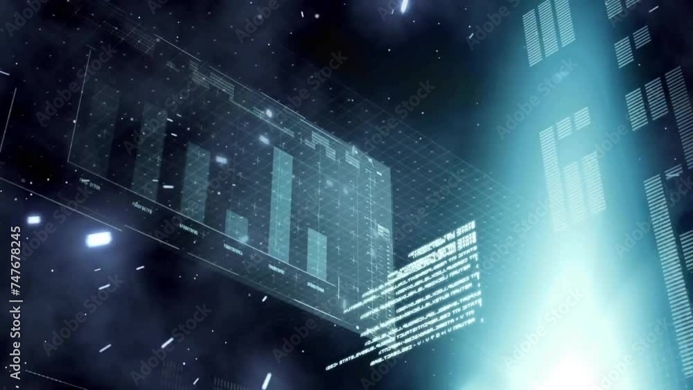 Poster animation of financial data processing over dark background