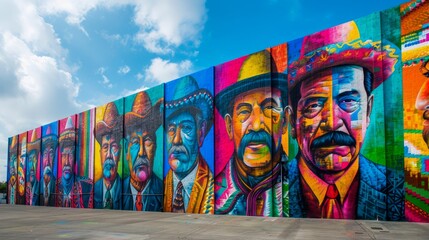 Vibrant Urban Art Mural with Colorful Portraits on City Building Wall - Street Art, Cultural Expression, and Public Murals Display