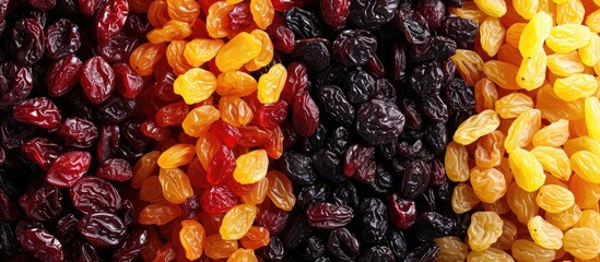 A blend of dried fruits including cranberries, yellow raisins, and black raisins displayed on a table in a close-up view. - obrazy, fototapety, plakaty