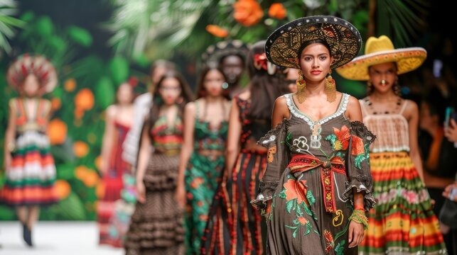 Traditional Mexican Fashion Show with Models in Colorful Dresses and Folkloric Sombreros on Runway