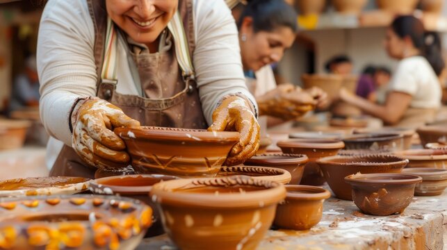 Smiling Female Artisan Handcrafting Pottery with Clay in Ceramics Workshop Surrounded by Colleagues