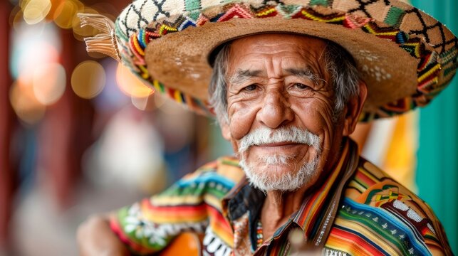 Elderly Man with Warm Smile Wearing Colorful Traditional Sombrero and Poncho with Blurred Background