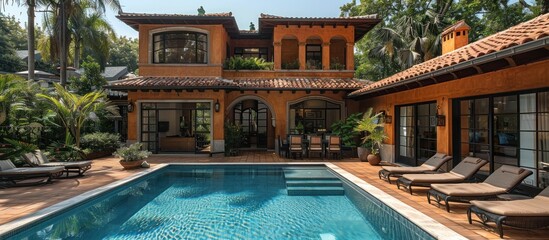 Luxury mediterranean home with swimming pool - obrazy, fototapety, plakaty
