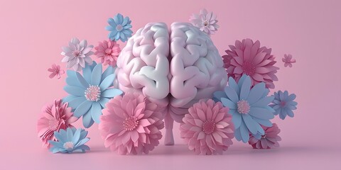 3d human brain with flowers, awareness about mental health or illness