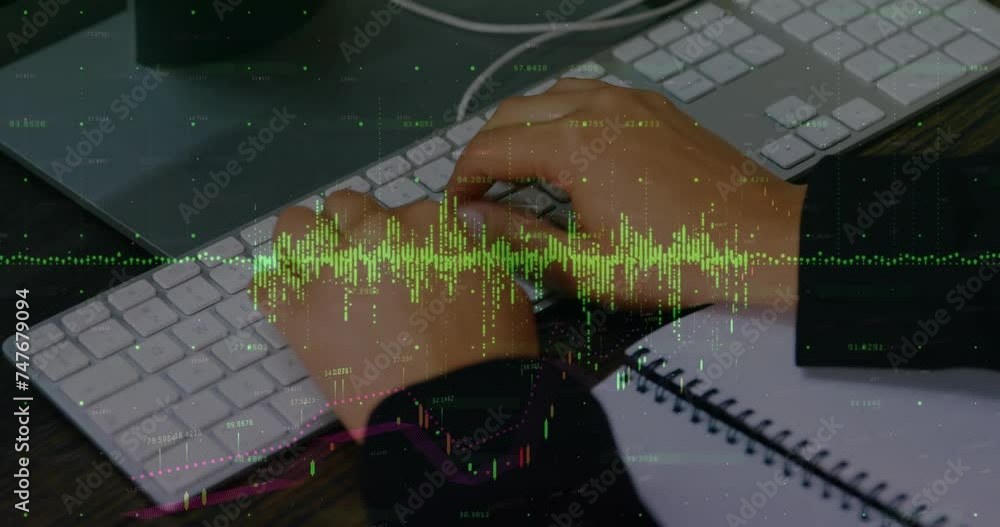 Poster animation of financial data processing over caucasian man using computer