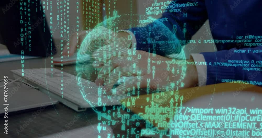 Poster animation of financial data processing over caucasian man using computer