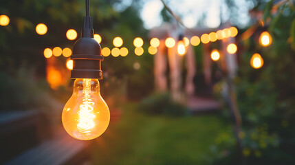Close up of a lightbulb with cozy outdoor gatherings and events in the background