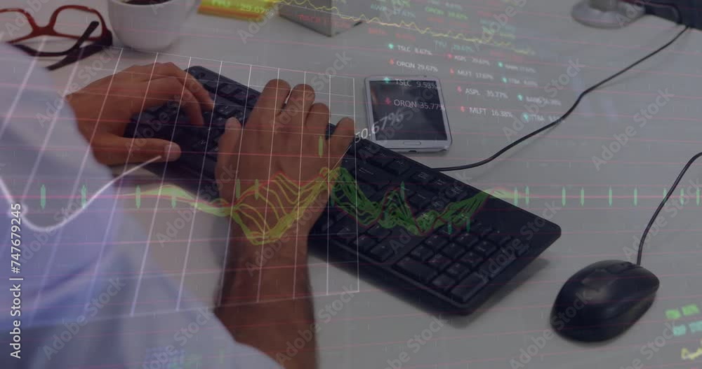 Poster animation of financial data processing over caucasian man using computer