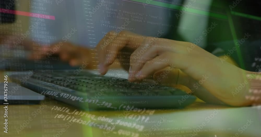 Poster animation of financial data processing over diverse business people using computers