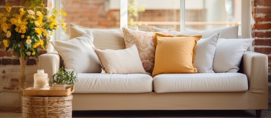 A living room featuring a white couch adorned with cushions, complemented by vibrant yellow flowers in a cozy home setting.