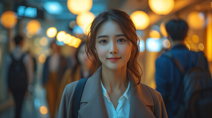 Obraz premium Night, tablet and business people walking in office after finishing work task. Tech, overtime and Asian woman with group of friends going home after working late on sales project in dark workplace. 